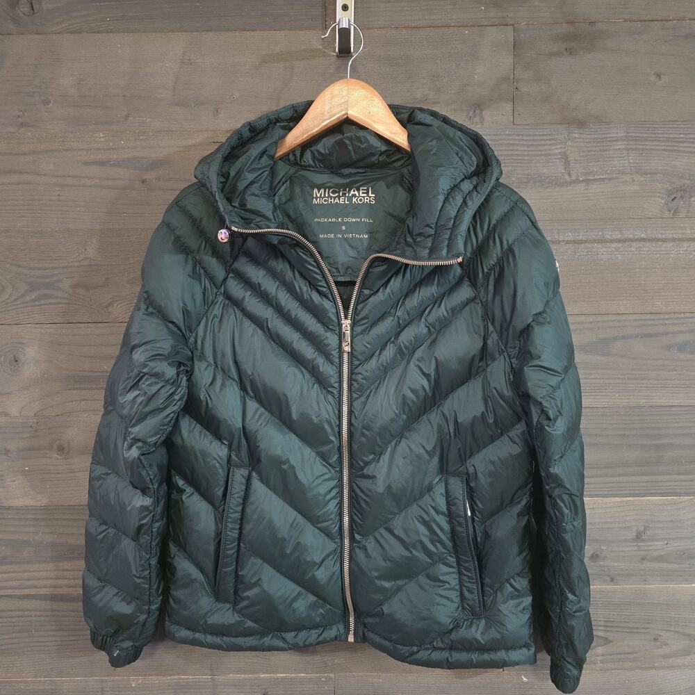 Michael Kors Packable Down Puffer Jacket Women's Small Green Hooded Chevron